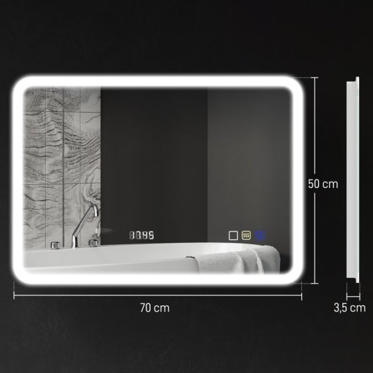 Homcom Espejo De Baño Con Luz Led 70x50 Cm Con Bluetooth Reloj Digital
