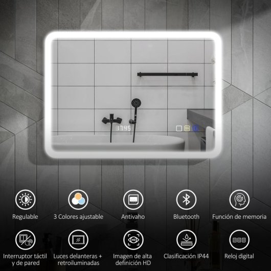 Homcom Espejo De Baño Con Luz Led 70x50 Cm Con Bluetooth Reloj Digital