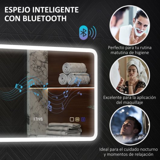 Homcom Espejo De Baño Con Luz Led 70x50 Cm Con Bluetooth Reloj Digital