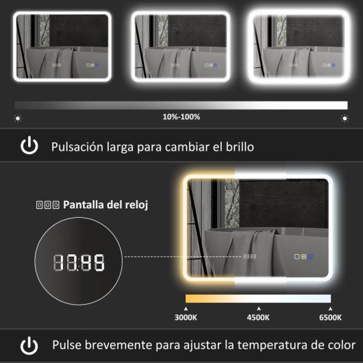 Homcom Espejo De Baño Con Luz Led 70x50 Cm Con Bluetooth Reloj Digital