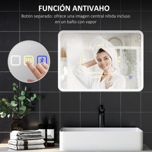 Homcom Espejo De Baño Con Luz Led 70x50 Cm Con Bluetooth Reloj Digital