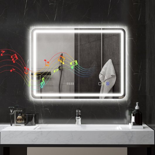 Homcom Espejo De Baño Con Luz Led 80x60 Cm Con Bluetooth Reloj Digital