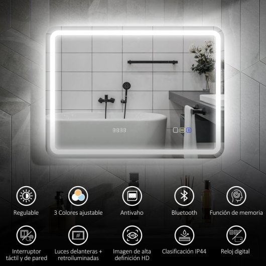Homcom Espejo De Baño Con Luz Led 80x60 Cm Con Bluetooth Reloj Digital