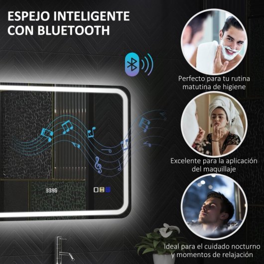 Homcom Espejo De Baño Con Luz Led 80x60 Cm Con Bluetooth Reloj Digital