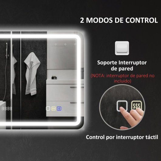 Homcom Espejo De Baño Con Luz Led 80x60 Cm Con Bluetooth Reloj Digital