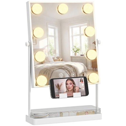 Homcom Hollywood Espejo De Maquillaje Giratorio Con Luz 9 Bombillas Led