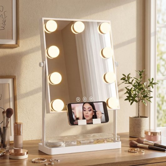 Homcom Hollywood Espejo De Maquillaje Giratorio Con Luz 9 Bombillas Led