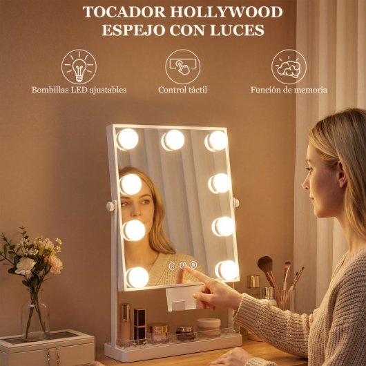 Homcom Hollywood Espejo De Maquillaje Giratorio Con Luz 9 Bombillas Led