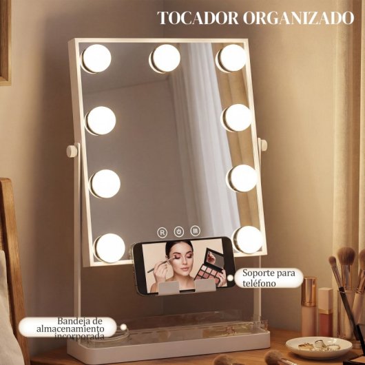 Homcom Hollywood Espejo De Maquillaje Giratorio Con Luz 9 Bombillas Led