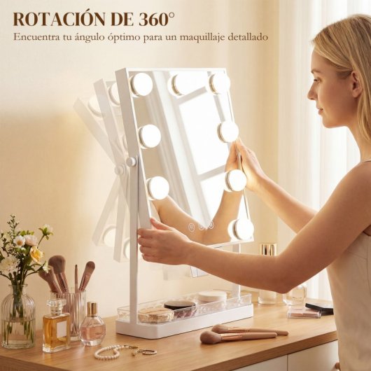 Homcom Hollywood Espejo De Maquillaje Giratorio Con Luz 9 Bombillas Led