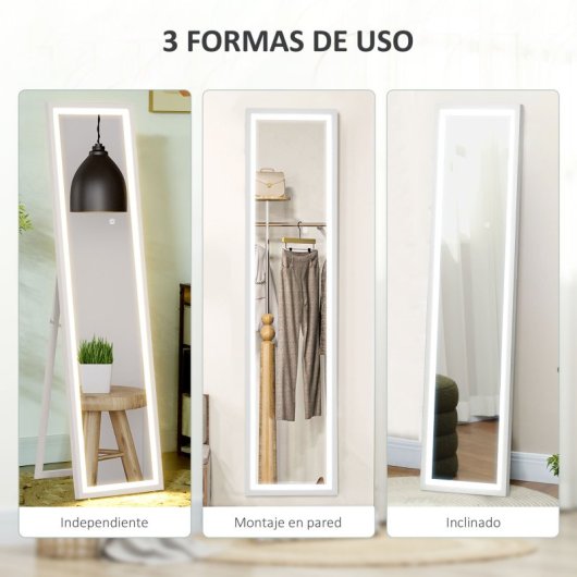 Homcom Espejo De Cuerpo Entero Con Luz Led 160x40 Cm Con Soporte Blanco