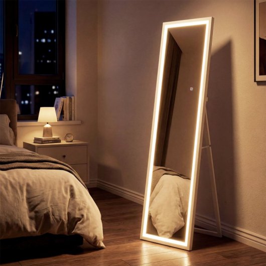 Homcom Espejo De Cuerpo Entero Con Luz Led 160x40 Cm Con Soporte Blanco