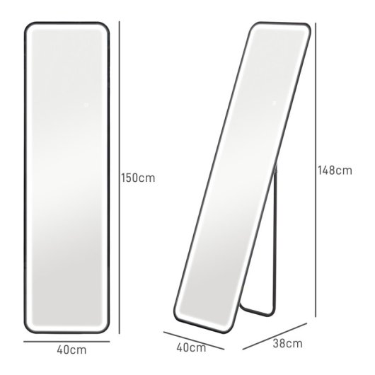 Homcom Espejo De Cuerpo Entero Con Luz Led 150x40 Cm Sin Marco Negro