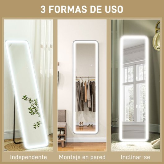 Homcom Espejo De Cuerpo Entero Con Luz Led 150x40 Cm Sin Marco Negro