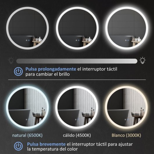 Kleankin Espejo Baño Con Luz Redondo Ø60 Cm Con 3 Colores De Luz Plata