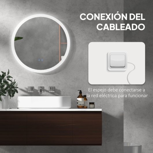 Kleankin Espejo Baño Con Luz Redondo Ø60 Cm Con 3 Colores De Luz Plata