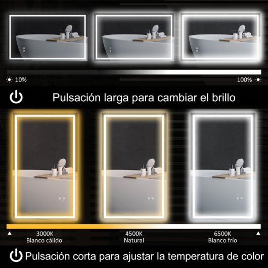 Homcom Espejo De Baño Con Luz Led 100x60 Cm Con Luz Retroiluminado