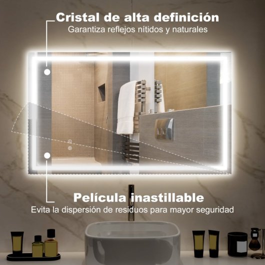 Homcom Espejo De Baño Con Luz Led 100x60 Cm Con Luz Retroiluminado