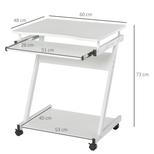 Homcom Mesa De Ordenador Con Ruedas 60x48 Cm Con Bandeja Para Teclado Blanco