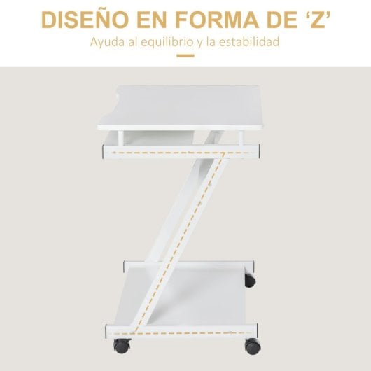 Homcom Mesa De Ordenador Con Ruedas 60x48 Cm Con Bandeja Para Teclado Blanco
