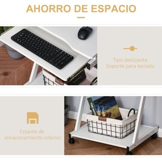 Homcom Mesa De Ordenador Con Ruedas 60x48 Cm Con Bandeja Para Teclado Blanco