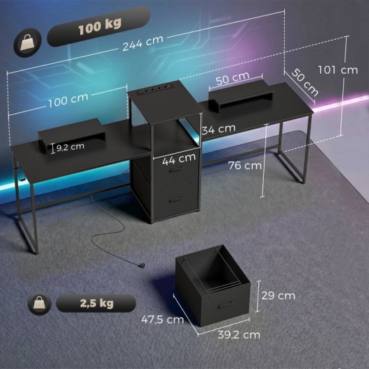 Homcom Mesa Gaming Doble Escritorio Extralargo De 244 Cm Negro