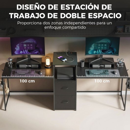 Homcom Mesa Gaming Doble Escritorio Extralargo De 244 Cm Negro