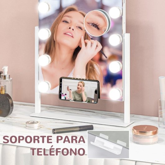 Homcom Hollywood Espejo De Maquillaje Con Luz 30x40 Cm Con 12 Bombillas Blanco