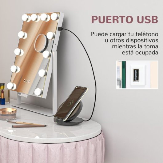 Homcom Hollywood Espejo De Maquillaje Con Luz 30x40 Cm Con 12 Bombillas Blanco