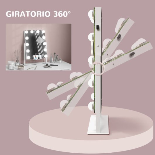 Homcom Hollywood Espejo De Maquillaje Con Luz 30x40 Cm Con 12 Bombillas Blanco