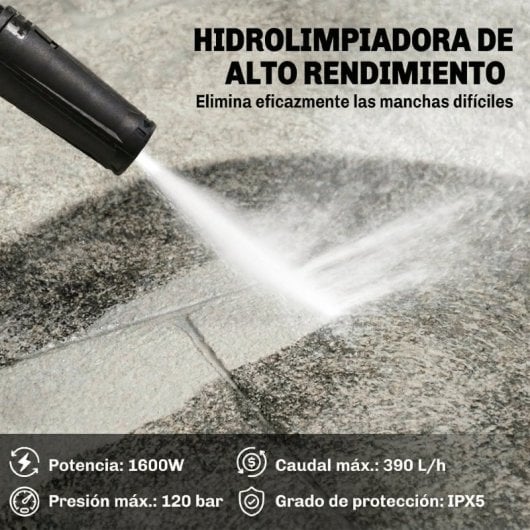 Outsunny Hidrolimpiadora De Alta Presión 1600w Caudal 390 L/h Presión 120 Bar