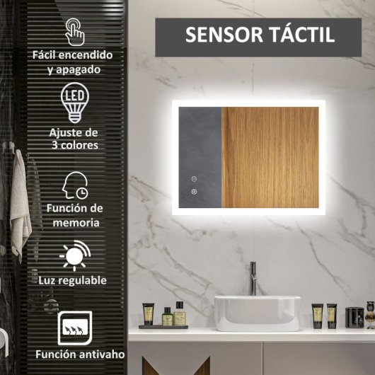 Kleankin Espejo De Baño Con Luces Led Regulable En 3 Colores80x60 Cm Antivaho