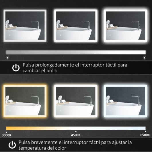 Kleankin Espejo De Baño Con Luces Led Regulable En 3 Colores80x60 Cm Antivaho