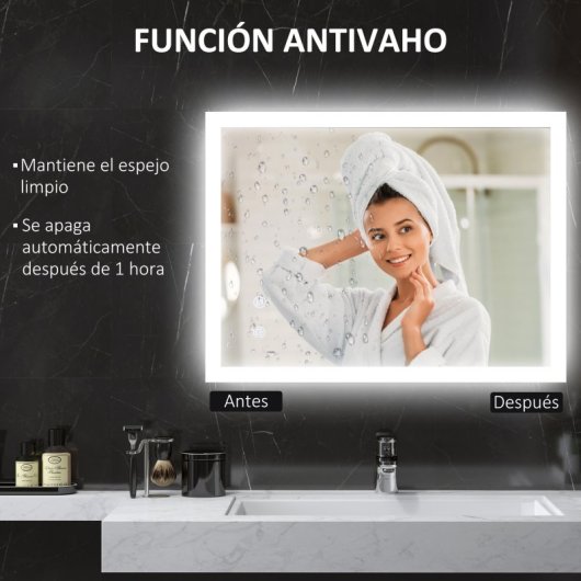 Kleankin Espejo De Baño Con Luces Led Regulable En 3 Colores80x60 Cm Antivaho