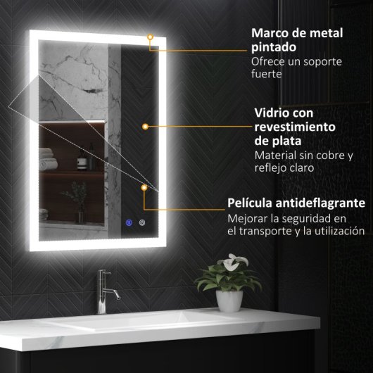 Kleankin Espejo De Baño Con Luces Led Regulable En 3 Colores80x60 Cm Antivaho