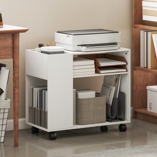 Homcom Mueble Para Impresora Con Ruedas Compartimentos 70x36x60 Cm Blanco