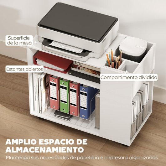 Homcom Mueble Para Impresora Con Ruedas Compartimentos 70x36x60 Cm Blanco