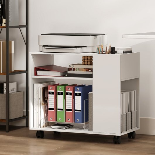 Homcom Mueble Para Impresora Con Ruedas Compartimentos 70x36x60 Cm Blanco