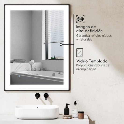 Homcom Espejo De Baño Con Luz Led 80x60 Cm Función Antivaho