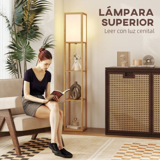 Homcom Lámpara De Pie Con Estantes De Almacenaje Bombilla E27 Natural