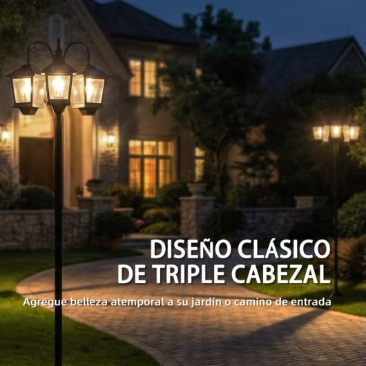 Outsunny Farola Solar Exterior Con 3 Cabezales Encendido/apagado Automático