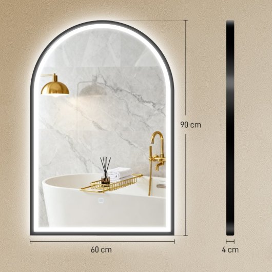 Homcom Espejo De Baño Con Luz De Pared Arqueado 60x90 Cm 3 Colores De Luz Negro