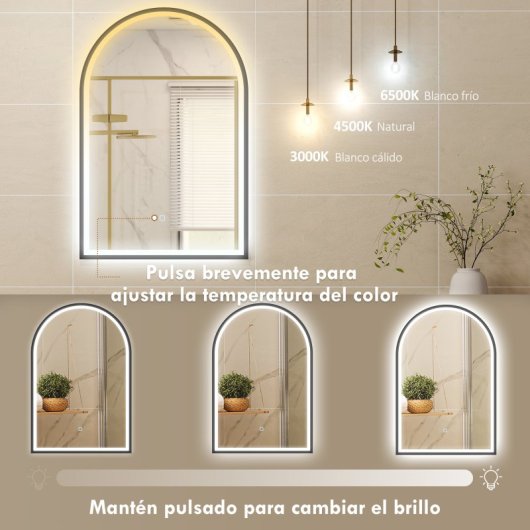 Homcom Espejo De Baño Con Luz De Pared Arqueado 60x90 Cm 3 Colores De Luz Negro
