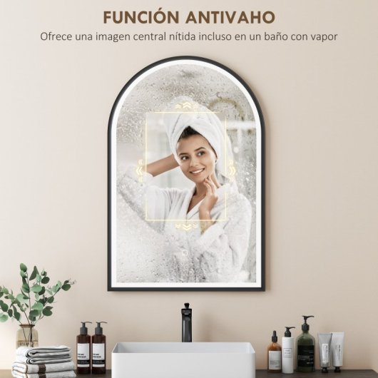 Homcom Espejo De Baño Con Luz De Pared Arqueado 60x90 Cm 3 Colores De Luz Negro