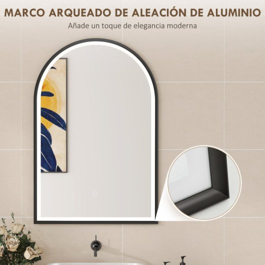 Homcom Espejo De Baño Con Luz De Pared Arqueado 60x90 Cm 3 Colores De Luz Negro