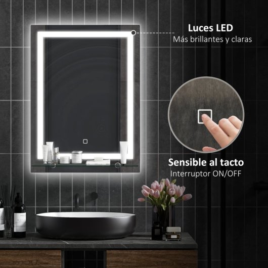 Kleankin Espejo De Baño Con Luces Led 50x70 Cm Con 3 Colores De Luz Plata