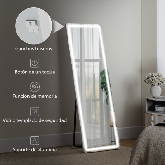 Homcom Espejo De Pie Cuerpo Entero Con Luces 150x50 Cm Sin Marco Transparente