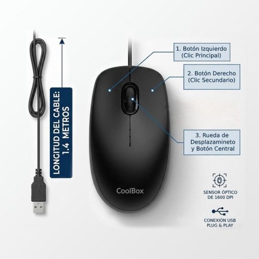 Ratón CoolBox U01 USB 1600 DPI Ambidiestro Negro 3 Botones