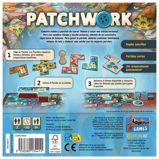Asmodee Patchwork Juego de Mesa de Estrategia y Puzzle 2 Jugadores Español