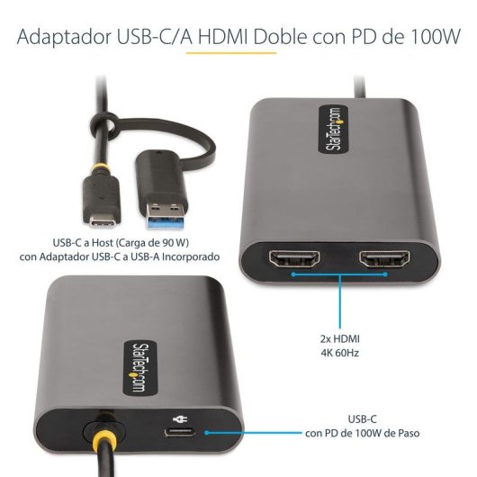 Adaptador USB-C para Duplo HDMI StarTech 4K 60Hz PD 100W